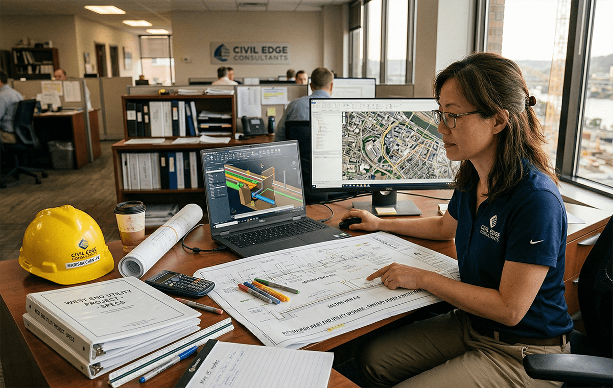 Civil engineer reviewing project documentation